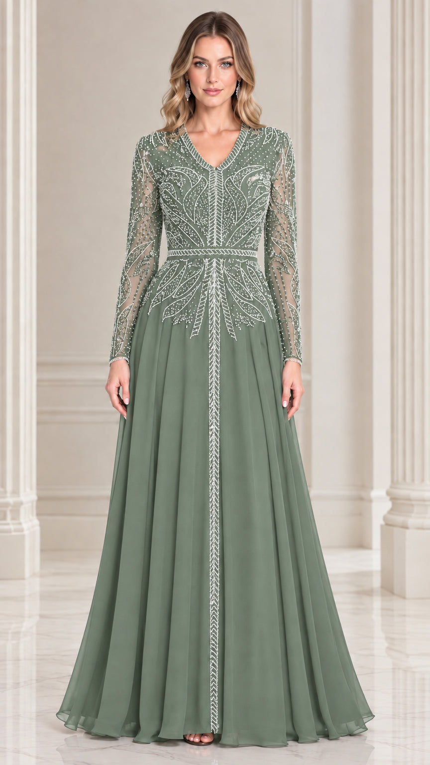 Sage green beaded long sleeve V-neck chiffon evening gown