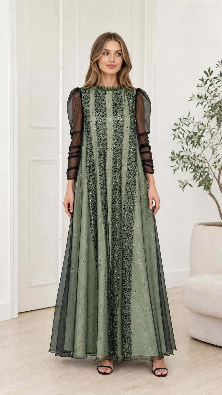 Front view of the Sage Green striped sequin tulle maxi gown
