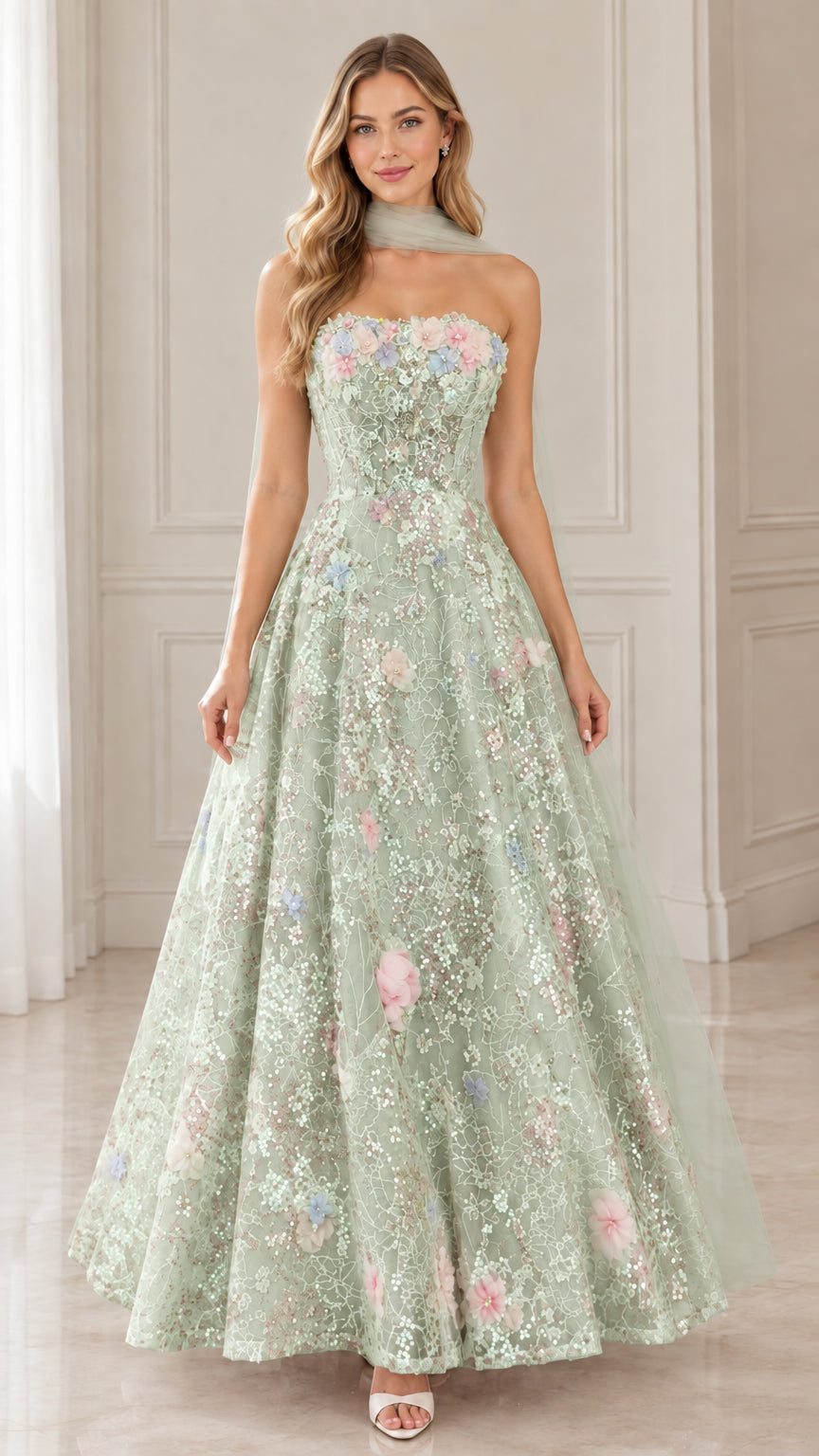 Model wearing sage green floral sequined strapless evening gown