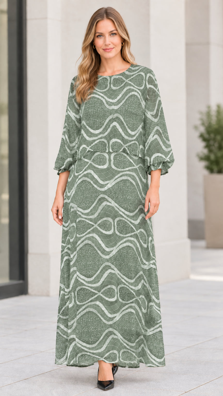 Sage green abstract wave print long sleeve maxi dress