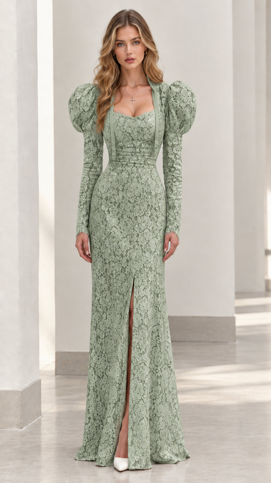 Full-length view of sage green floral lace maxi dress with slit