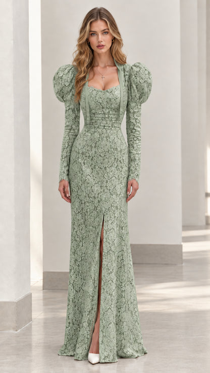 Full-length view of sage green floral lace maxi dress with slit