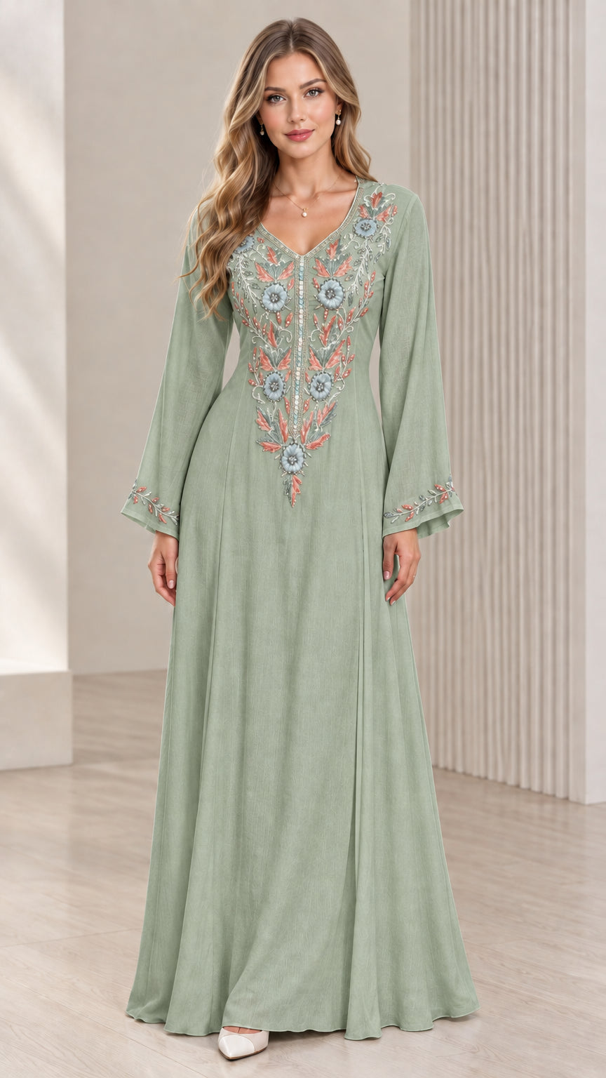 Sage Green embroidered bell sleeve maxi dress