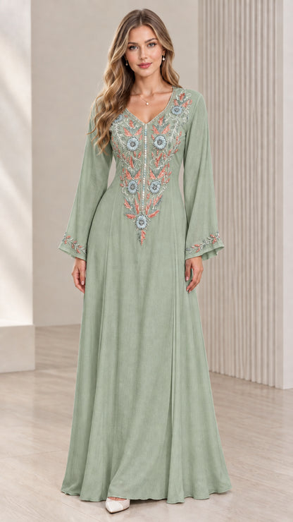 Sage Green embroidered bell sleeve maxi dress