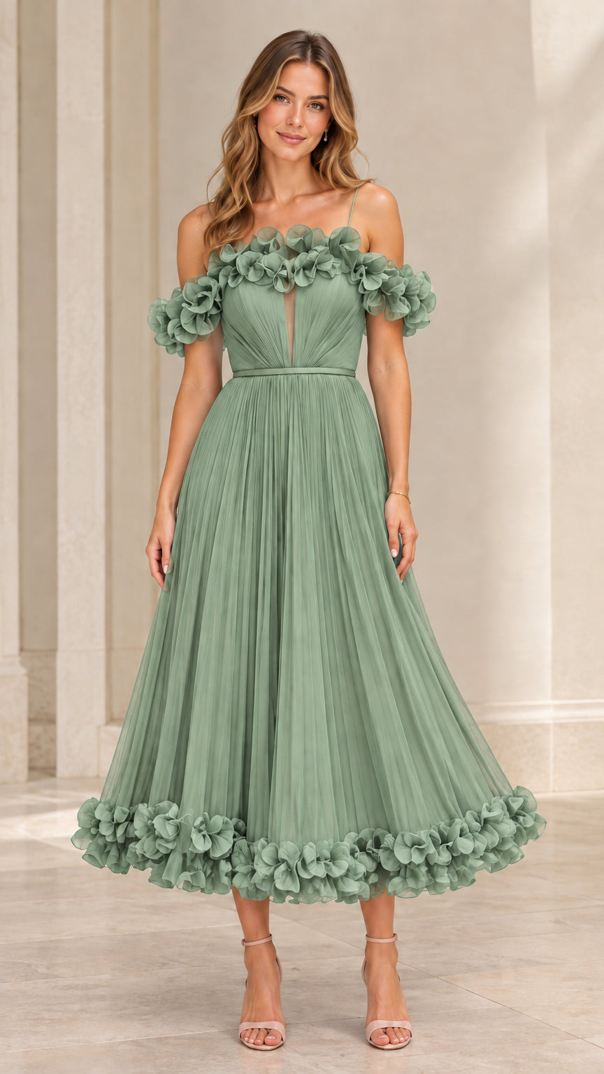 Full-length view of sage green off-the-shoulder pleated tulle formal gown
