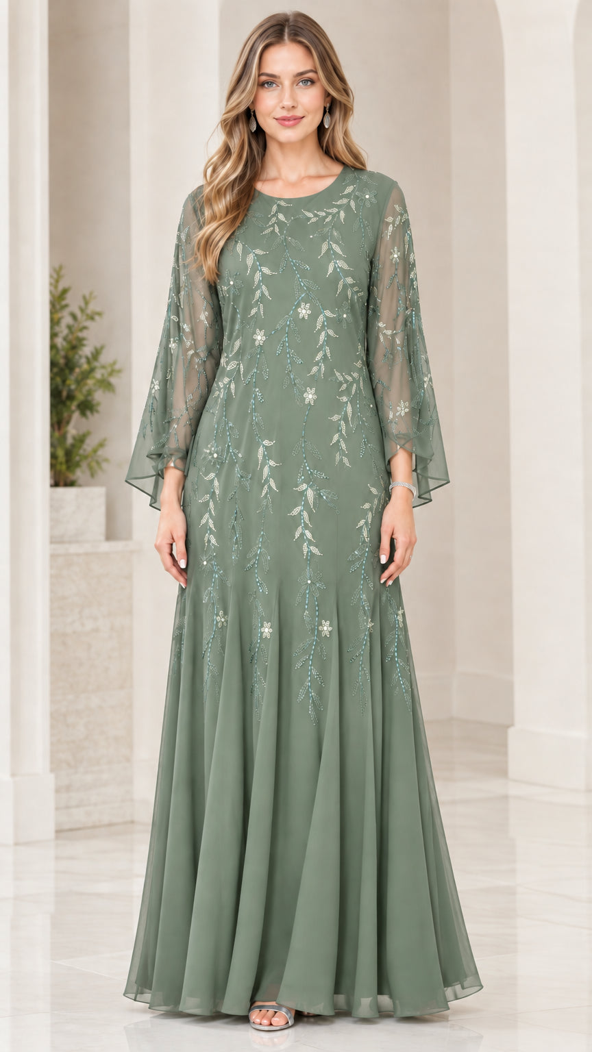 Front view of model wearing Sage Green bell sleeve embroidered evening gown