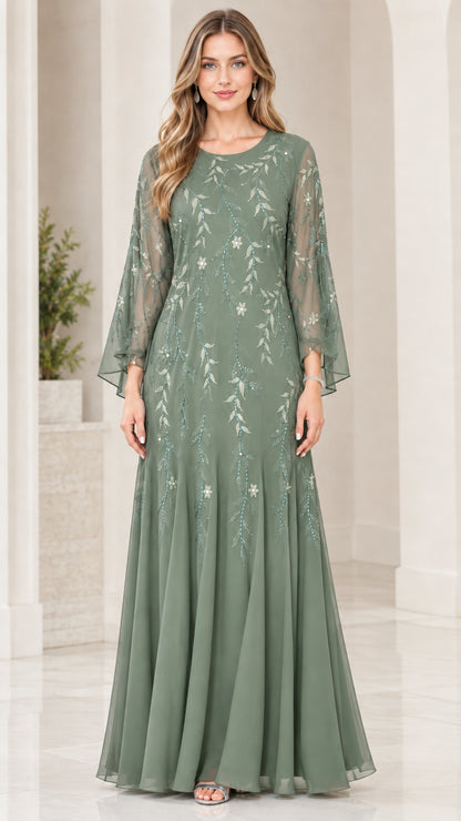 Front view of model wearing Sage Green bell sleeve embroidered evening gown