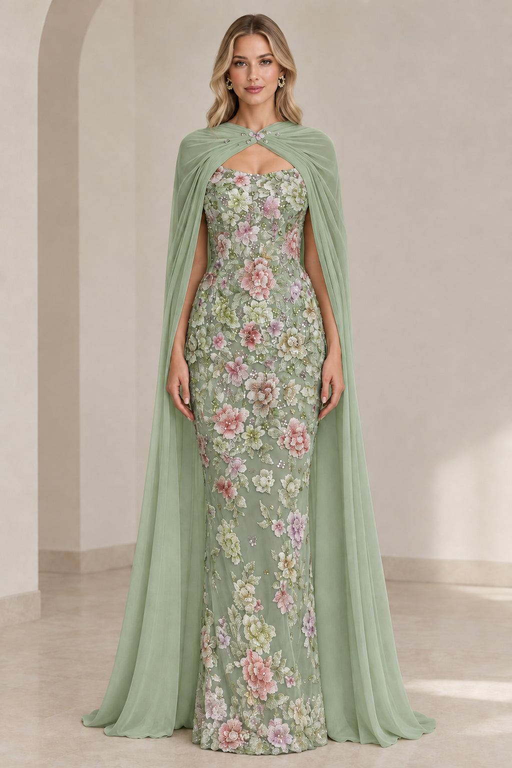Sage Green floral embroidered column gown with flowing chiffon cape
