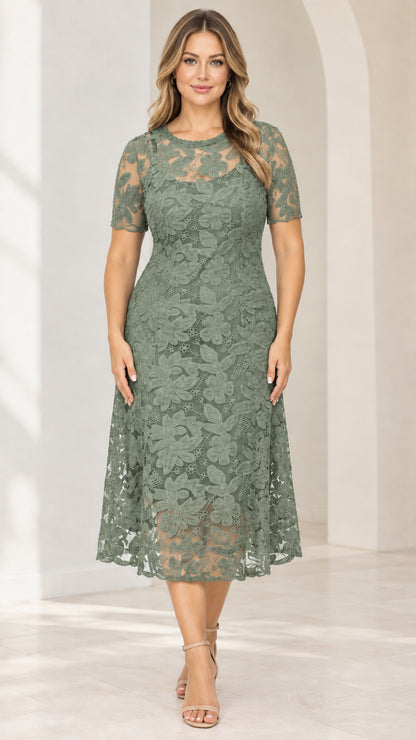 Front view of sage green floral lace short sleeve midi dress on model
