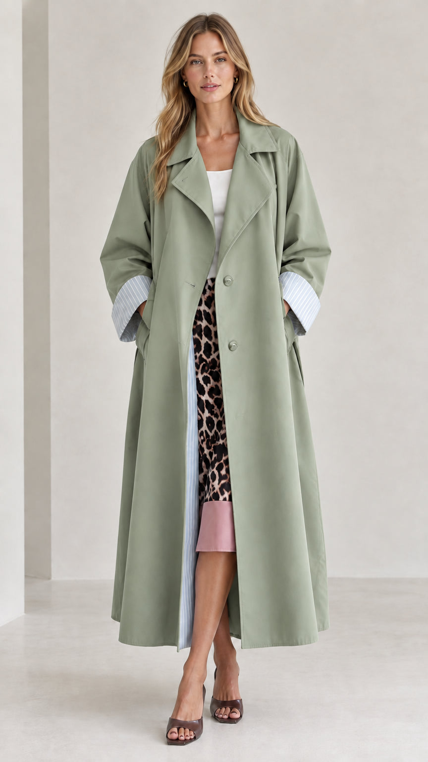 Front view of woman wearing sage green long trench coat with striped cuff accents