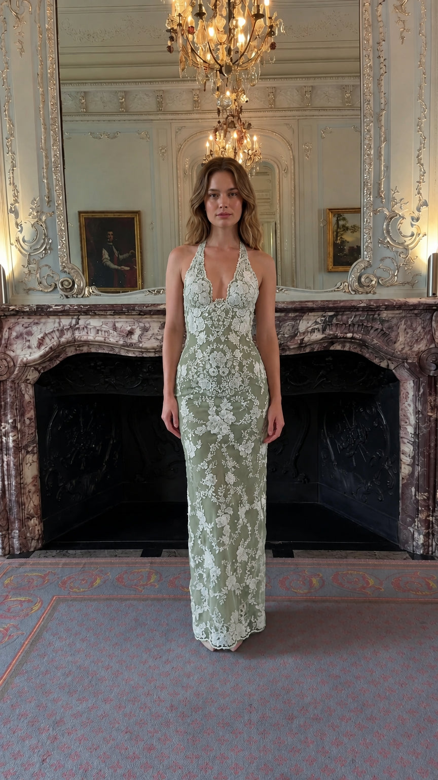 Sage green floral lace halter evening gown
