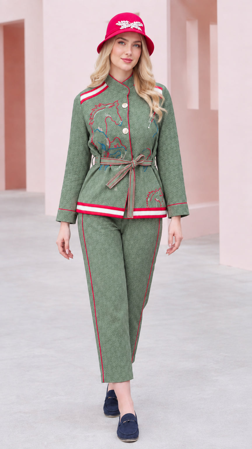 Sage green embroidered stand collar jacket and trousers set