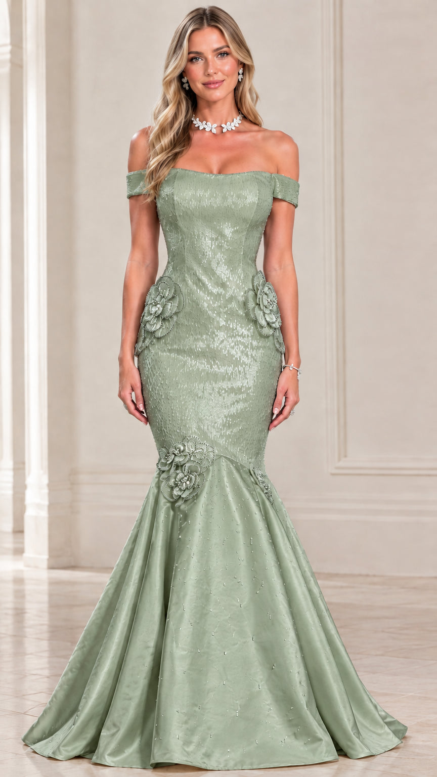 Sage green off-the-shoulder sequin mermaid gala dress