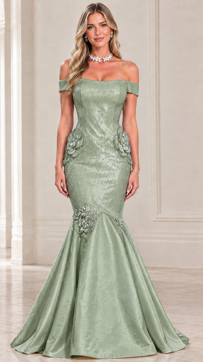 Sage green off-the-shoulder sequin mermaid gala dress
