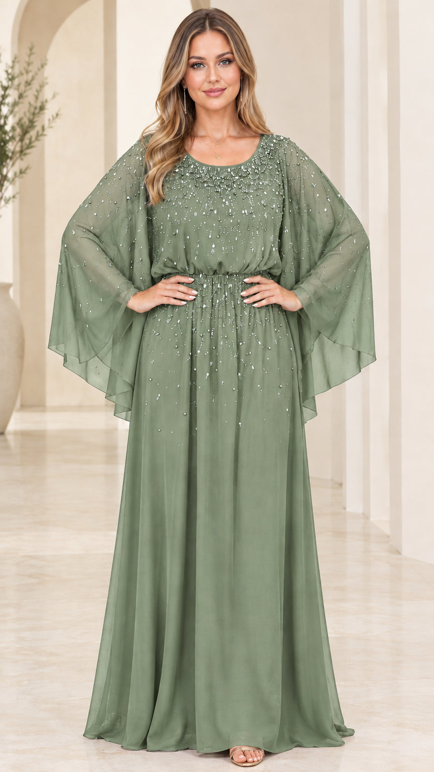 Sage green beaded cape sleeve chiffon evening maxi dress