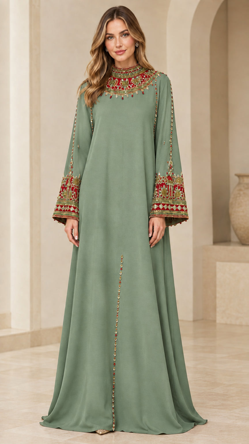 Full front view of Sage Green embroidered high neck maxi kaftan dress