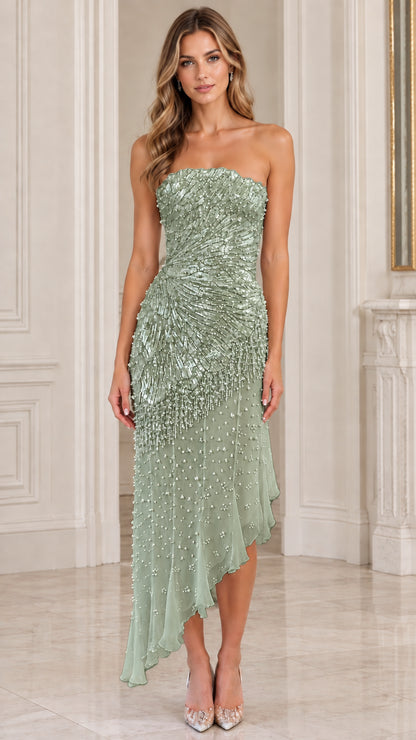 Model wearing sage green strapless beaded fringe formal dress