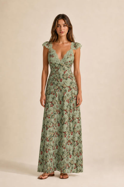 Front view of green floral print maxi dress