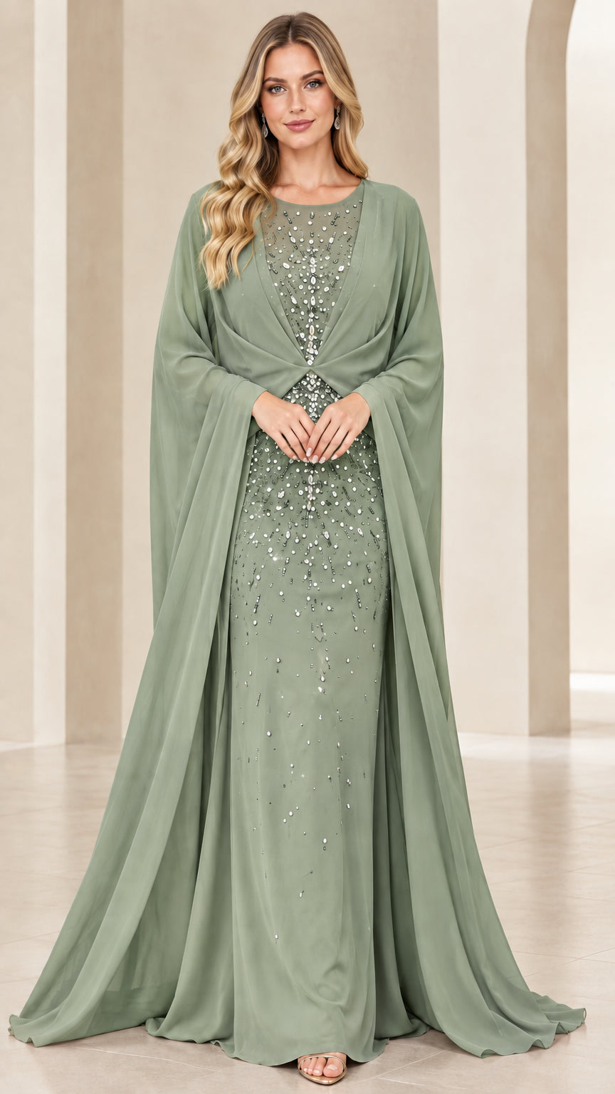 Model wearing sage green sequined cape sleeve formal gown