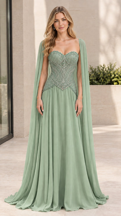 Front view of sage green sweetheart neckline beaded cape gown
