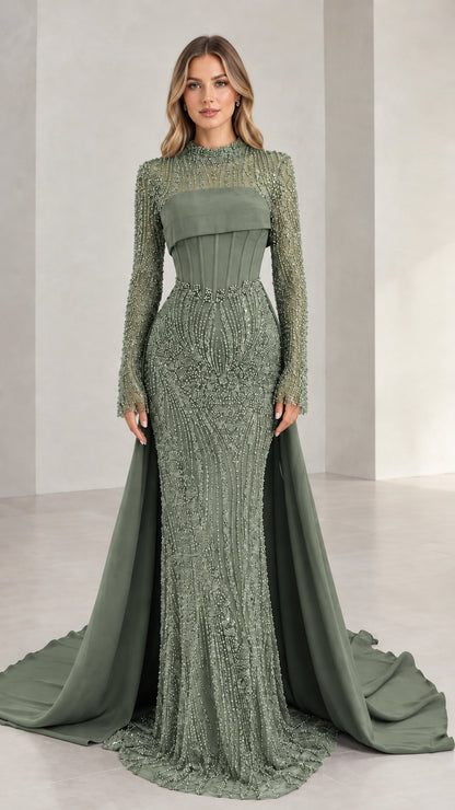 Full-length front view of sage green beaded long sleeve gala gown with structured corset