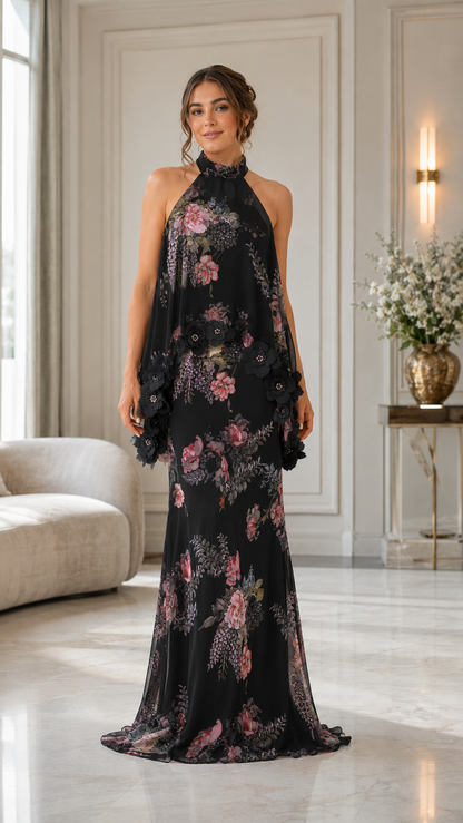 Front view of black floral halter maxi dress with contrast floral print and side appliqué