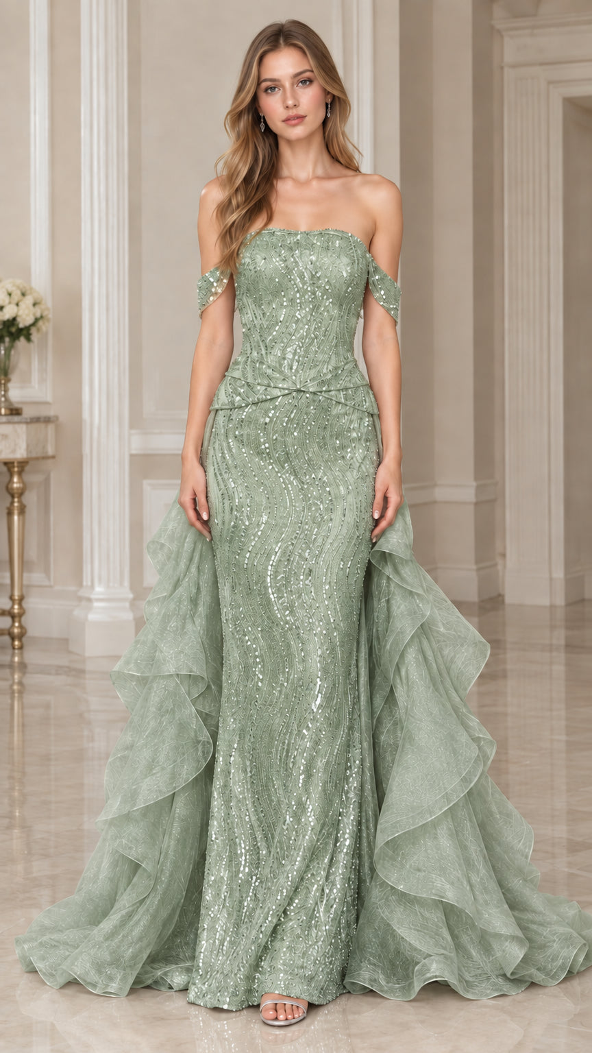 Front view of model wearing Sage Green sequin evening dress with dramatic layered side ruffles