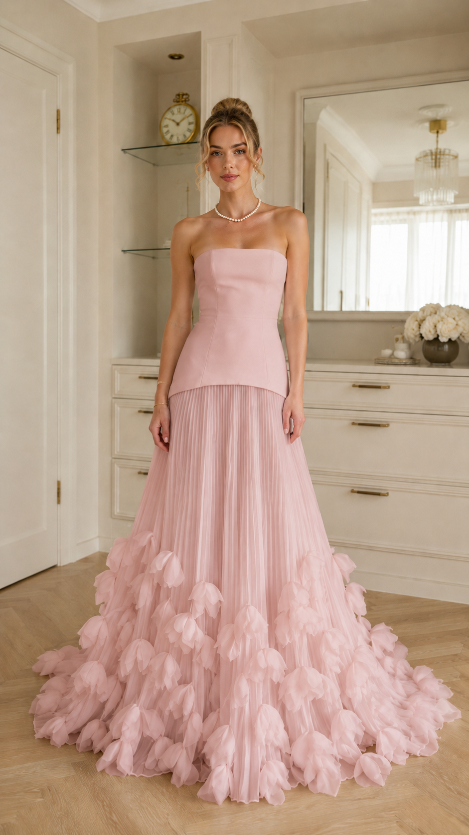 Front view of blush pink strapless evening gown with flowing pleats and ruffle hem