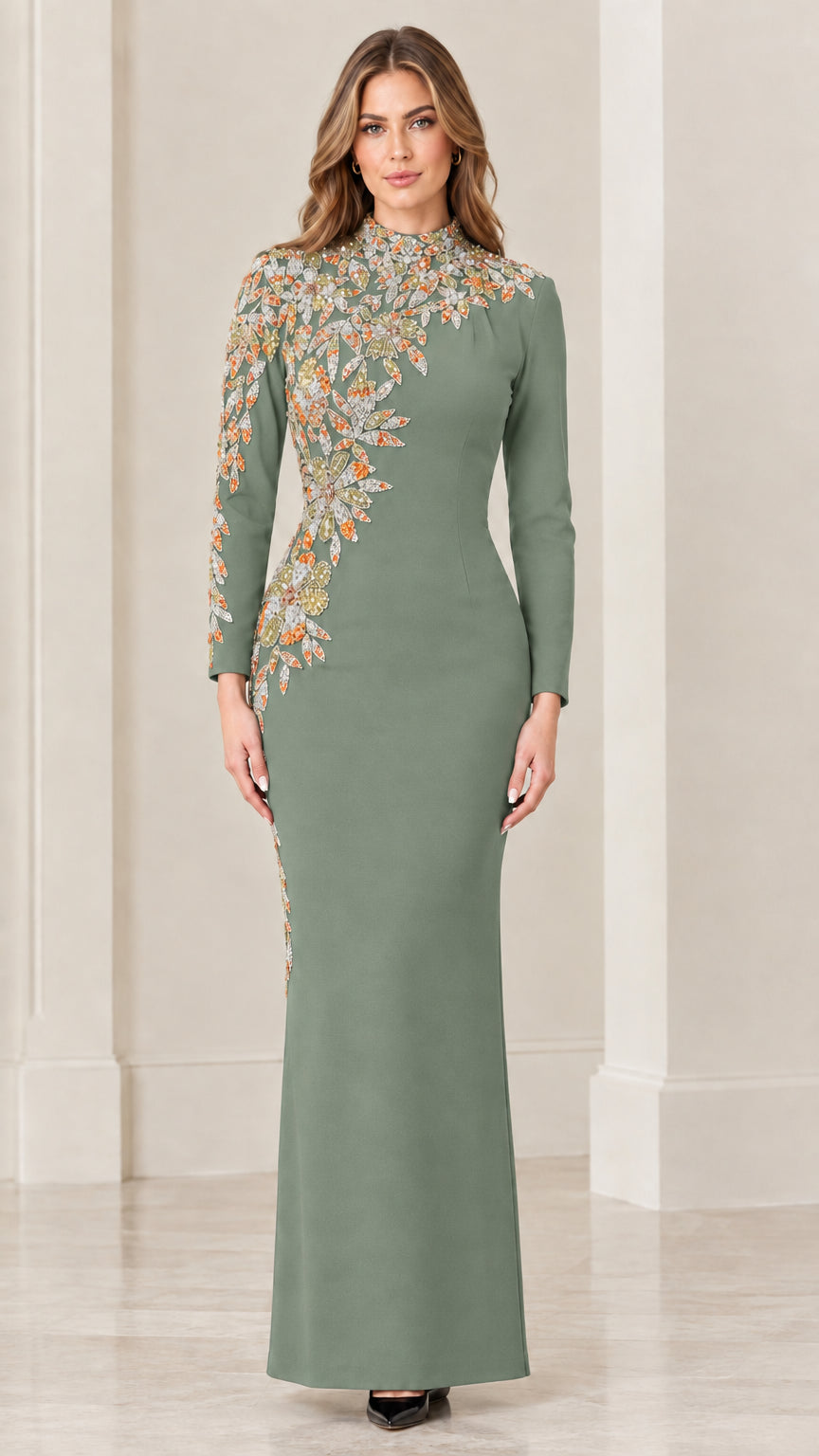 Front view of sage green long sleeve maxi gown with floral embroidery