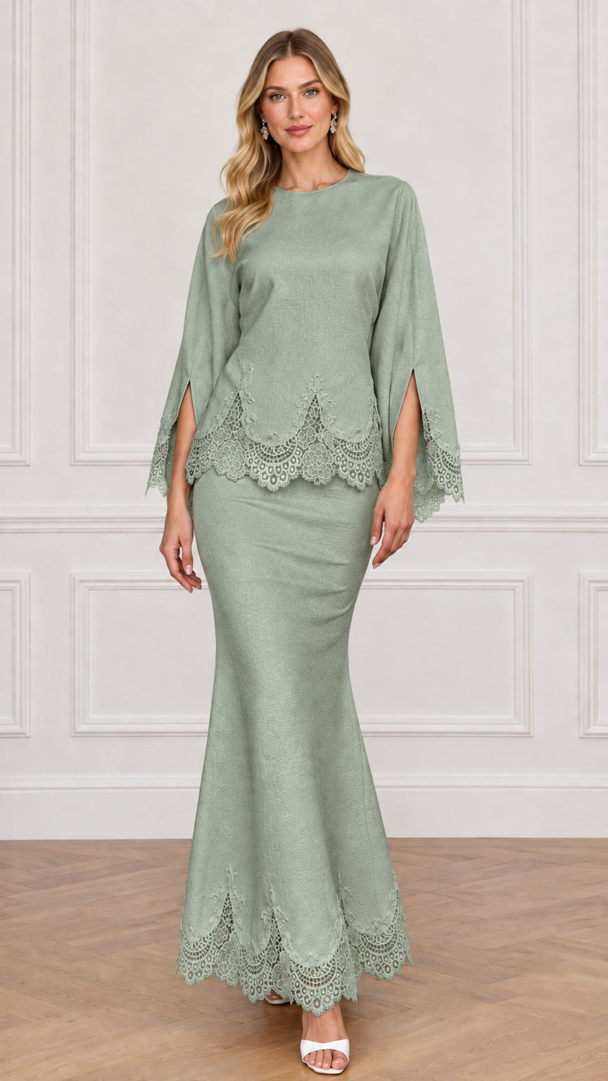 Sage green two-piece modest formal evening set with lace trim