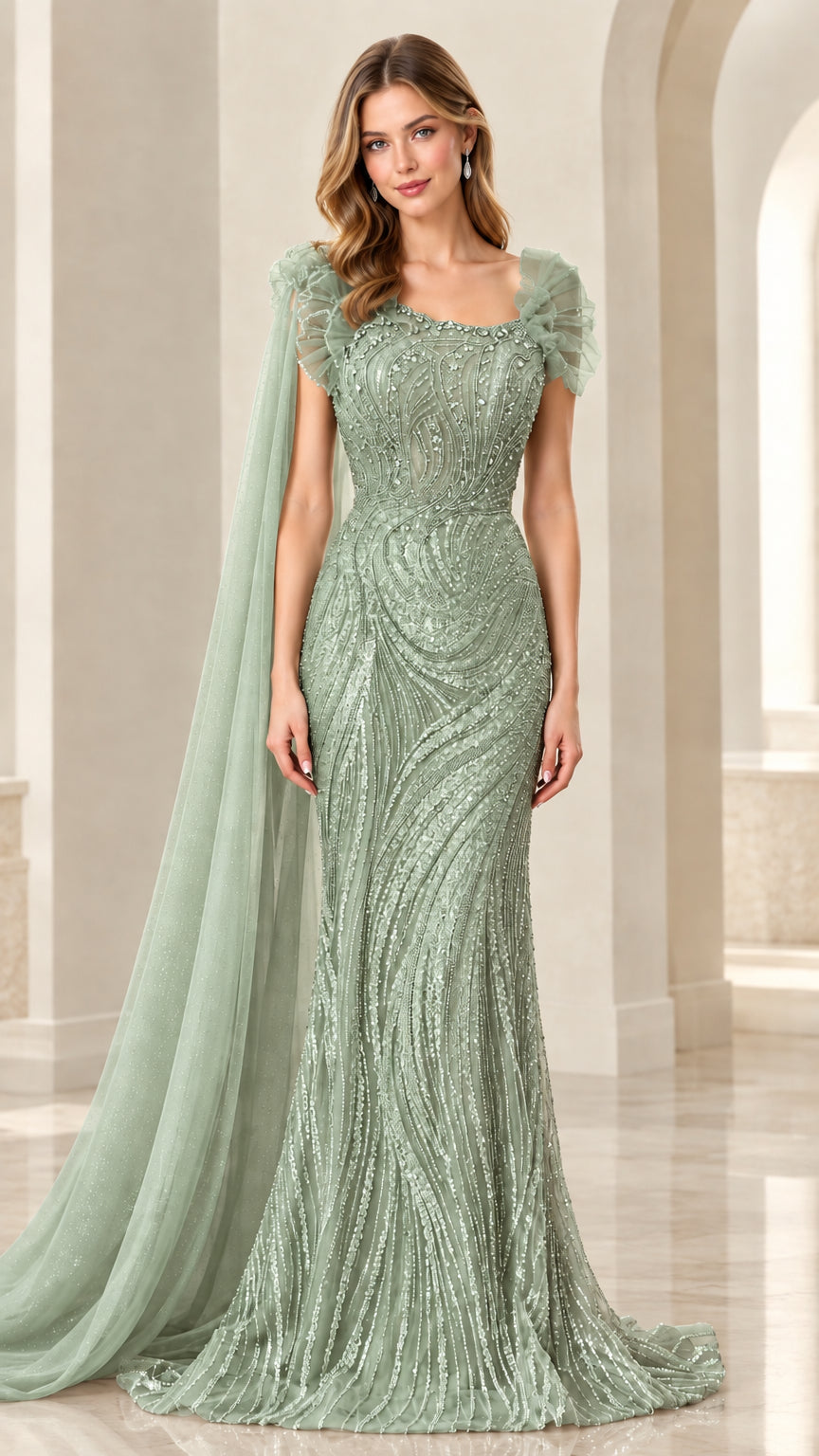 Sage green square neck embellished formal gown with cape detail