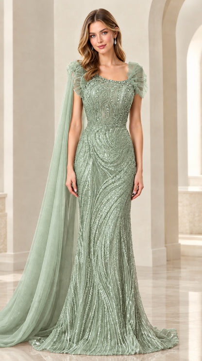 Sage green square neck embellished formal gown with cape detail