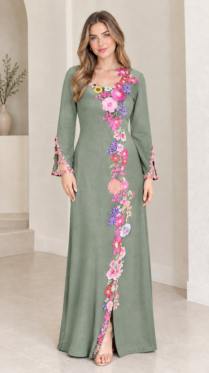 Sage green embroidered long sleeve maxi gown