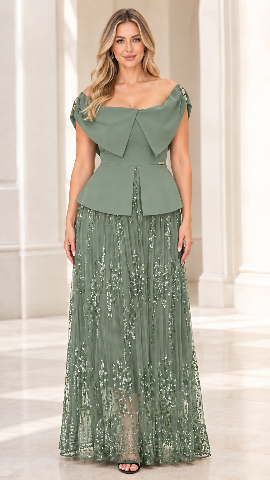 Sage green off-the-shoulder peplum sequin floor-length evening dress