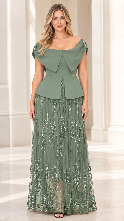 Sage green off-the-shoulder peplum sequin floor-length evening dress