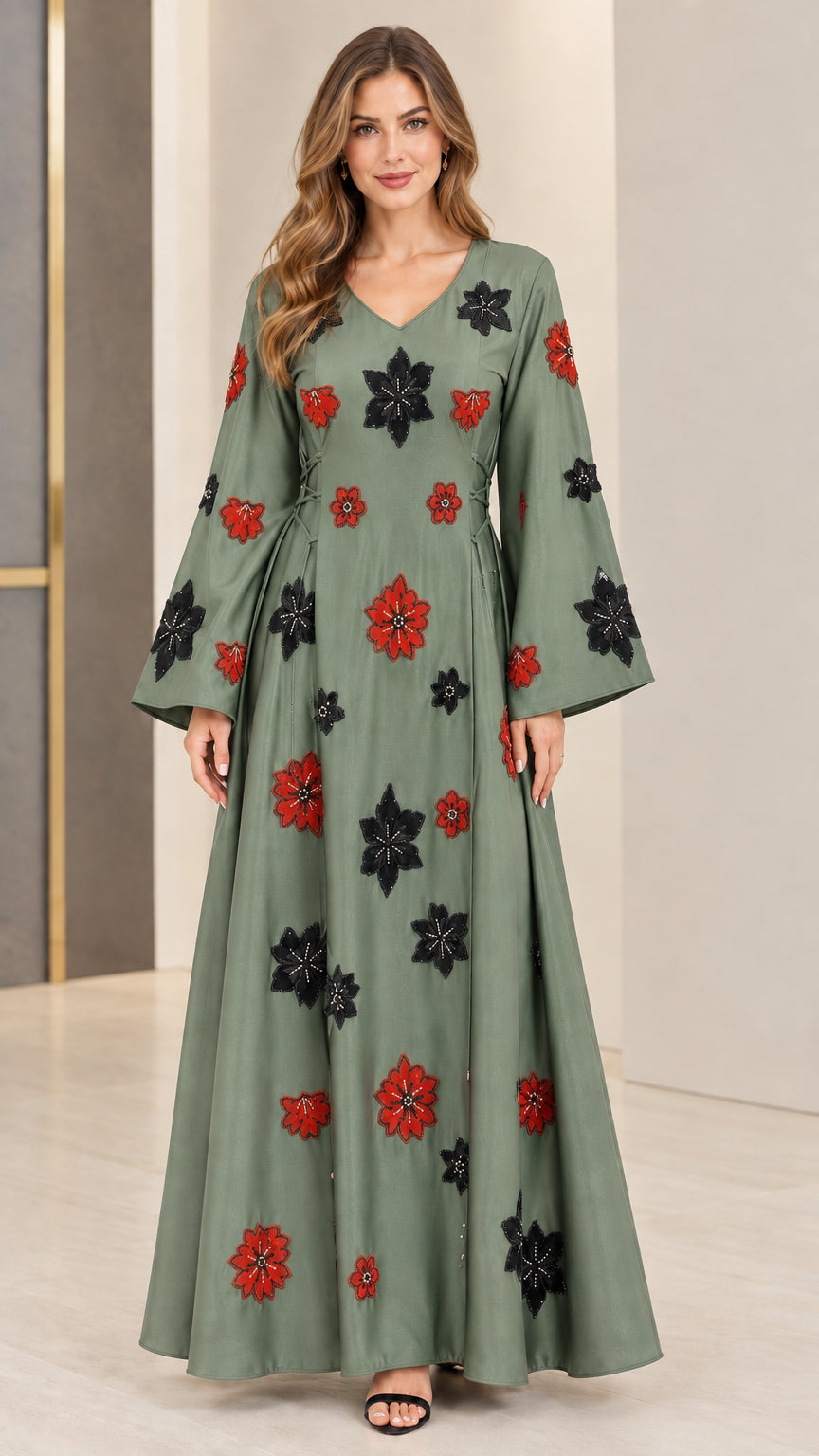Front view of sage green floral embroidered evening maxi dress
