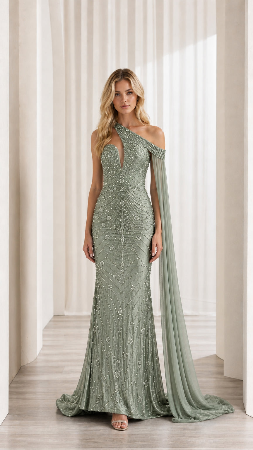 Front view of model wearing sage green one-shoulder embellished evening gown