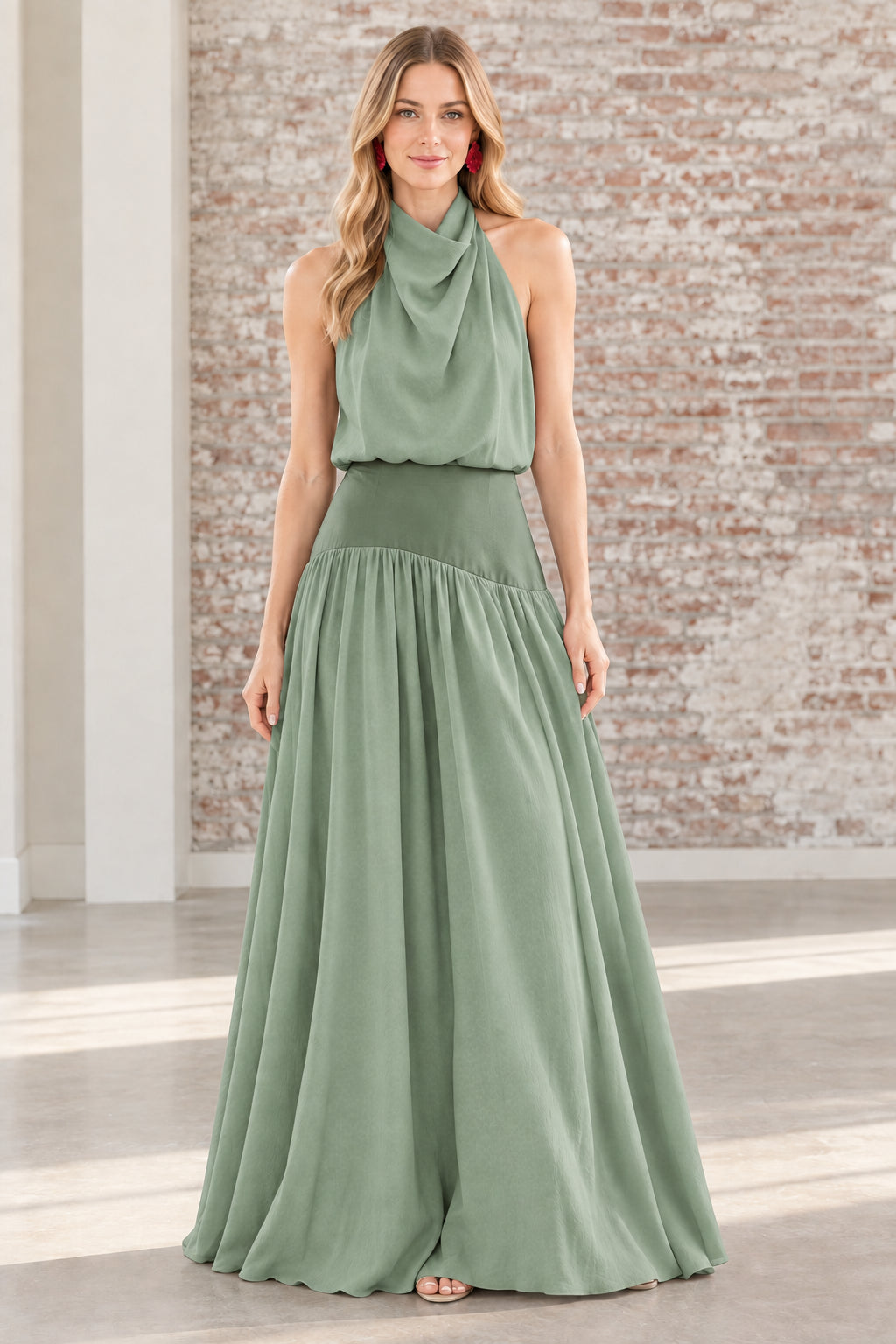 Sage green cowl halter neck pleated evening gown