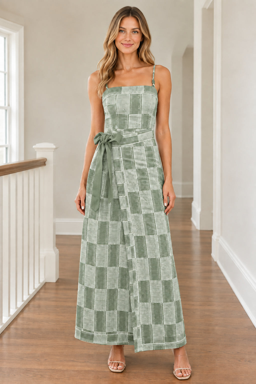 Front view of woman wearing Sage Green geometric plaid wide-leg jumpsuit