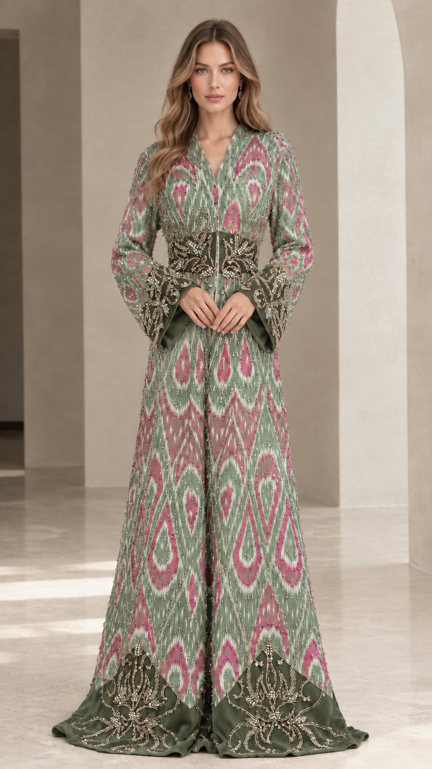 Full-length view of sage green embroidered velvet-trim ikat maxi kaftan dress