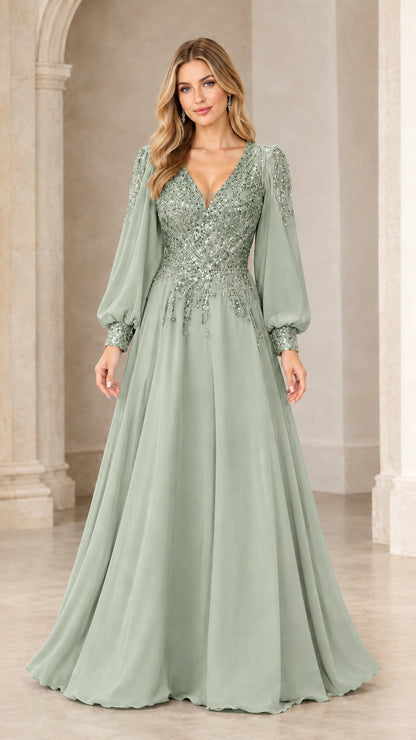 Front view of model wearing sage green sequin chiffon formal evening gown