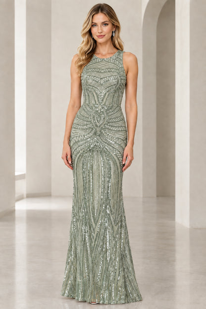 Front view of sage green sequined sleeveless formal evening dress on model
