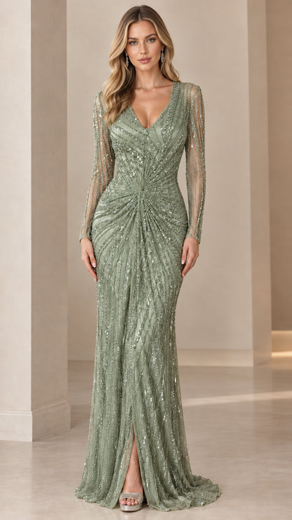 Front view of sage green long sleeve sequin evening dress