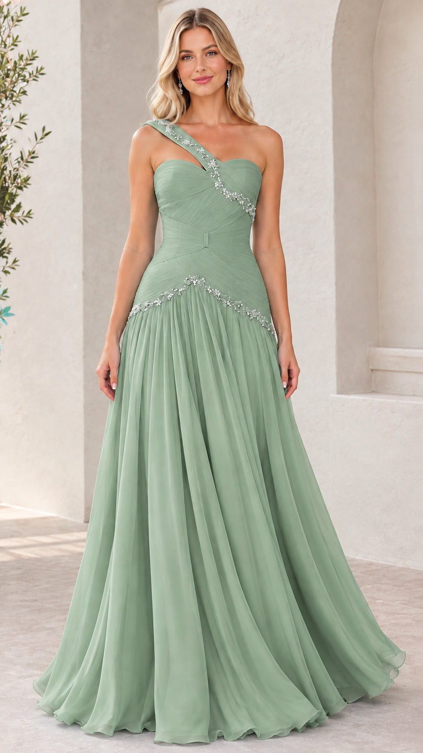 Sage green one-shoulder rhinestone embellished chiffon evening gown