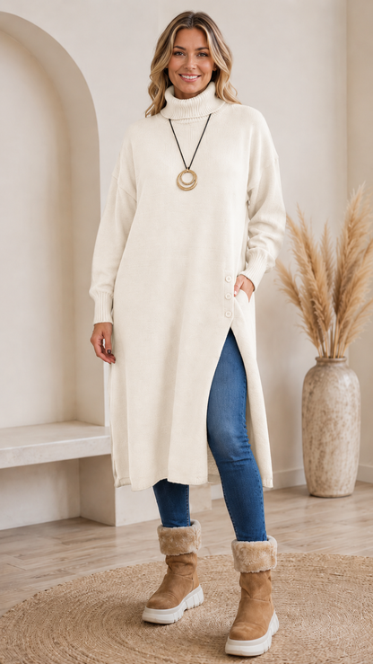 Cream turtleneck sweater midi dress with longline relaxed silhouette