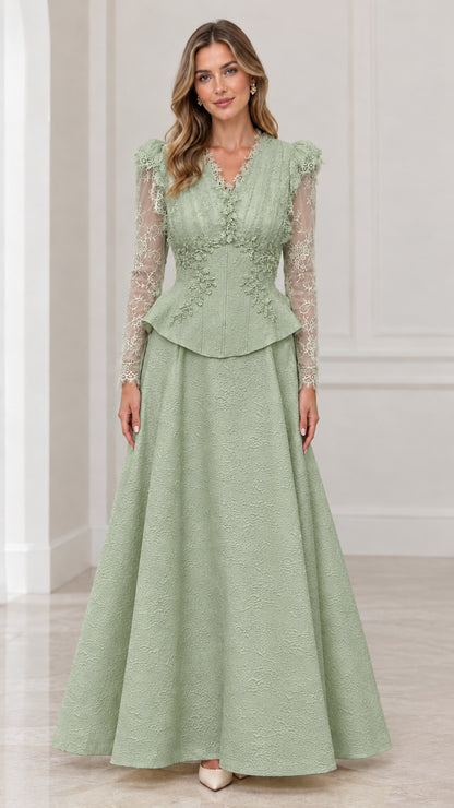 Front view of sage green long sleeve lace peplum evening dress
