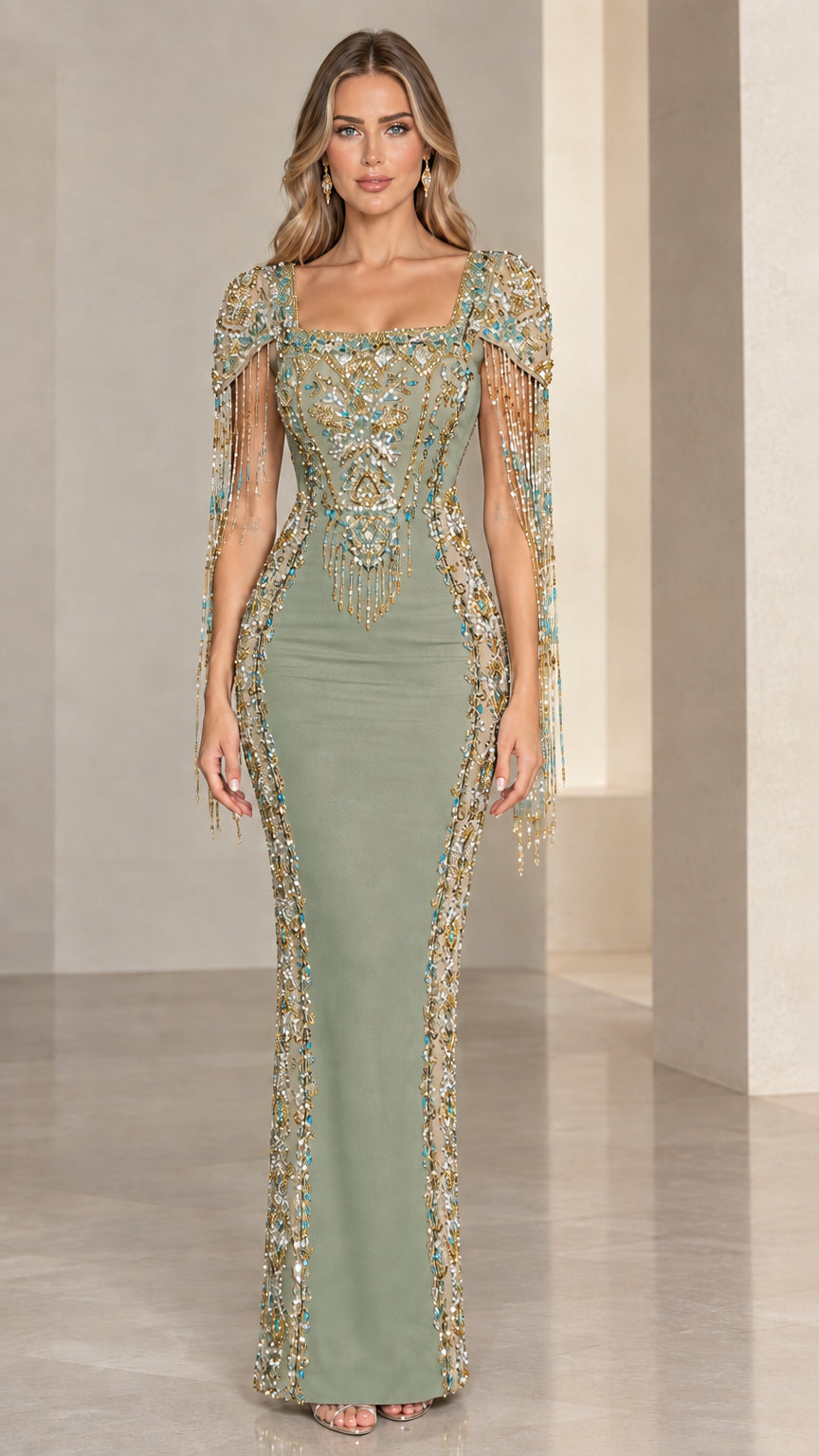Front view of model wearing Sage Green embellished square neck evening gown with beaded fringe sleeves