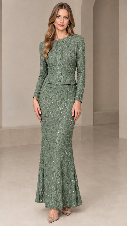 Front view of model wearing Sage Green sequin jacket and floor-length skirt formal set