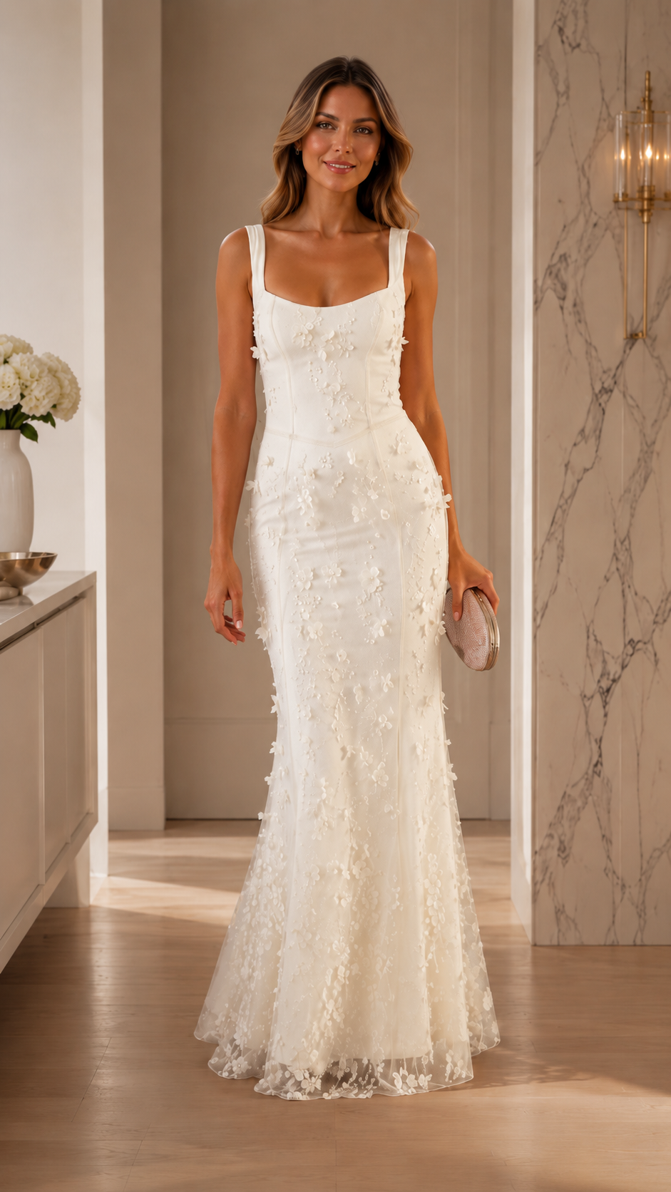 Front view of ivory floral appliqué mermaid maxi dress