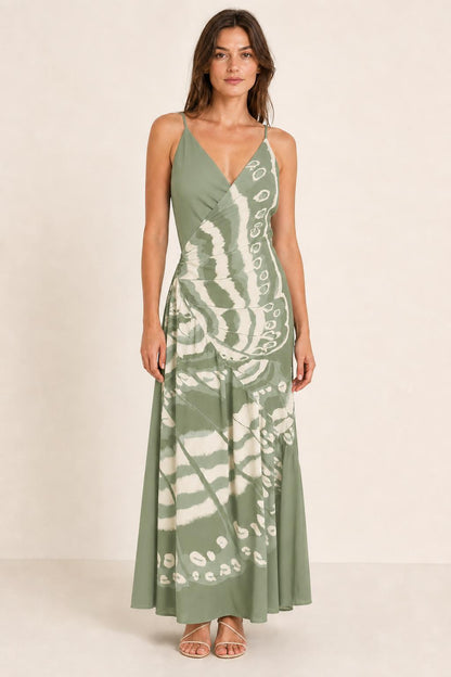 Womens sage V-neck butterfly print maxi dress